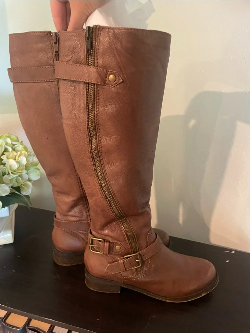 Brown Knee-High Buckle Riding Boots